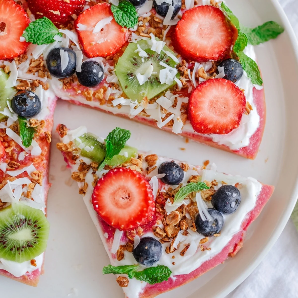 Vibrant watermelon pizza dessert featuring yogurt spread and assorted berry toppings on round slice