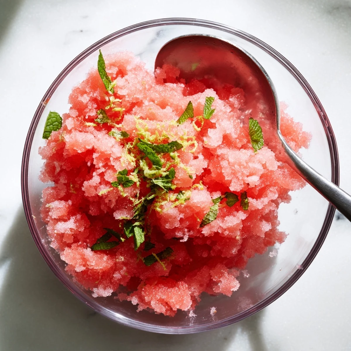 Fluffy pink watermelon granita served in chilled glass bowls with fresh mint garnish