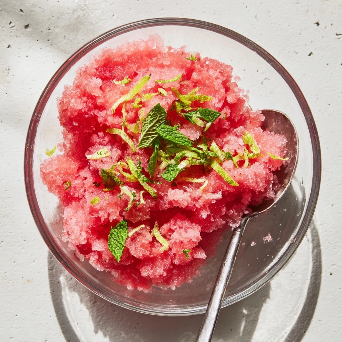 Raspberry-colored watermelon granita mounded in clear dishes topped with lime zest