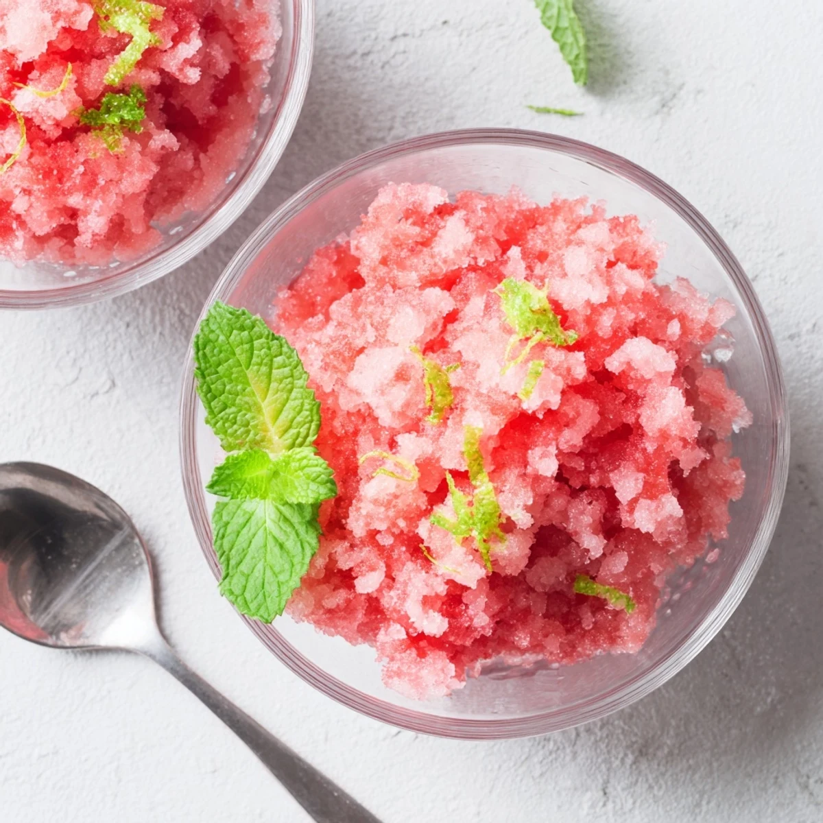Icy textured watermelon granita scooped into white bowls with mint leaves