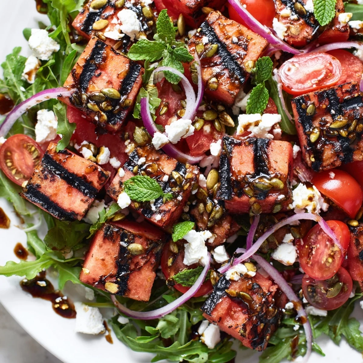 Vibrant grilled watermelon salad with balsamic dressing, feta crumbles, and fresh mint on a white serving plate
