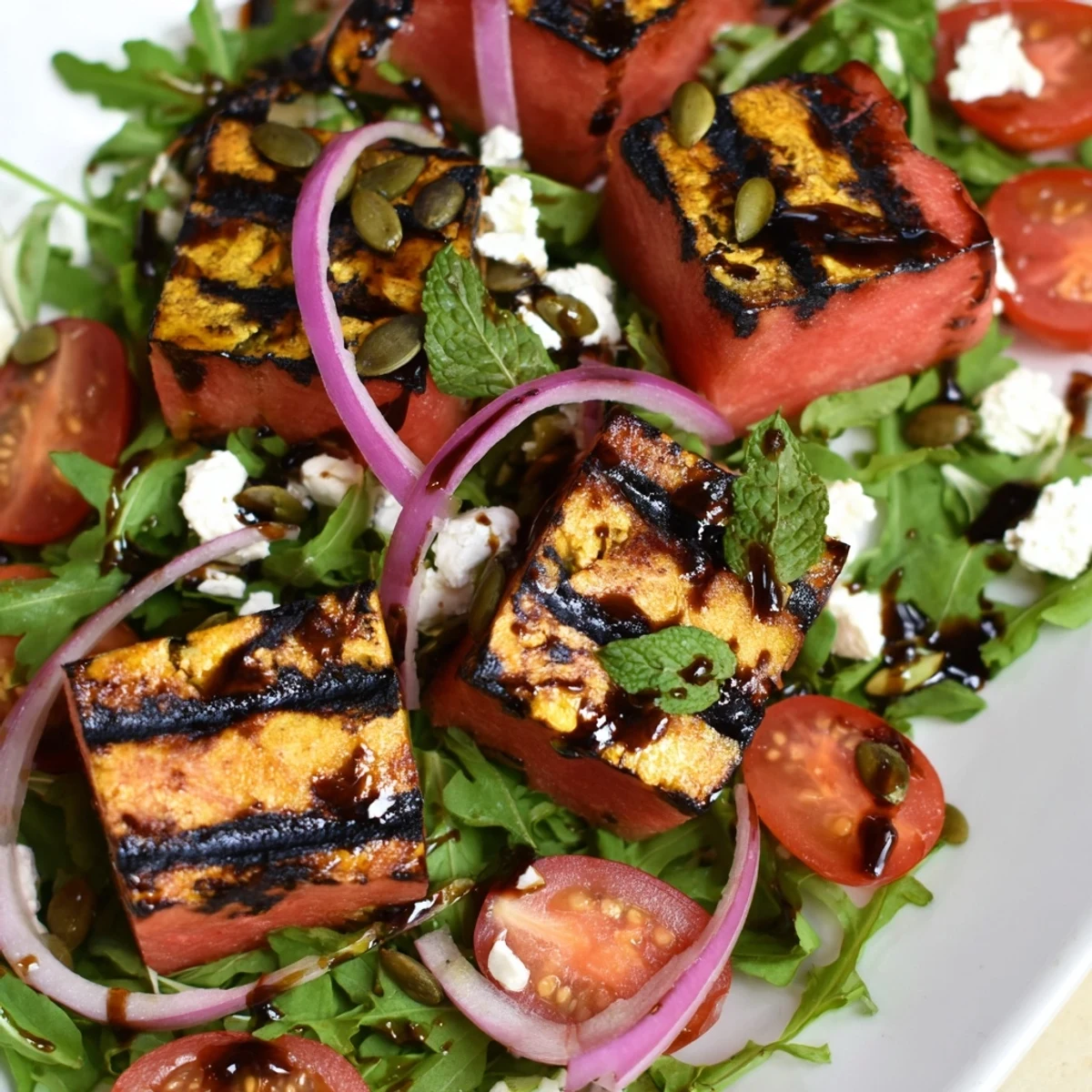 Summer salad featuring charred watermelon cubes, cherry tomatoes, and creamy feta drizzled with tangy balsamic glaze