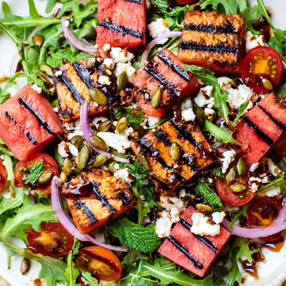 Colorful bowl of grilled watermelon salad with arugula, red onion, and mint leaves tossed in balsamic dressing
