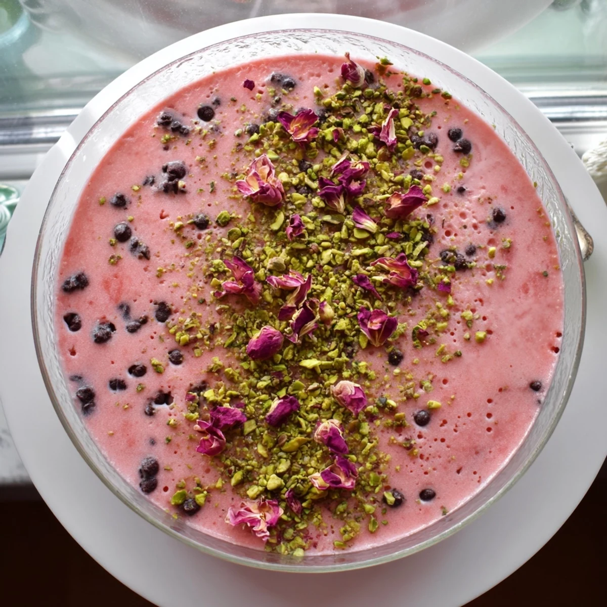 Pink watermelon pudding chilled in clear glasses topped with bright green pistachios