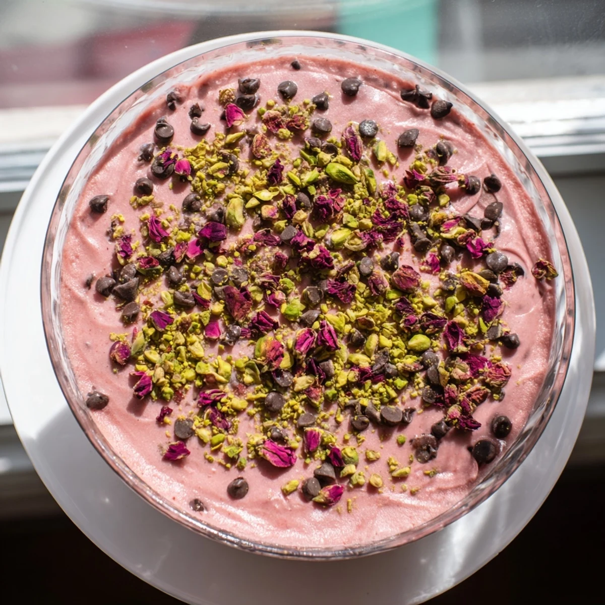 Traditional Sicilian watermelon pudding garnished with chopped pistachios and dark chocolate chips