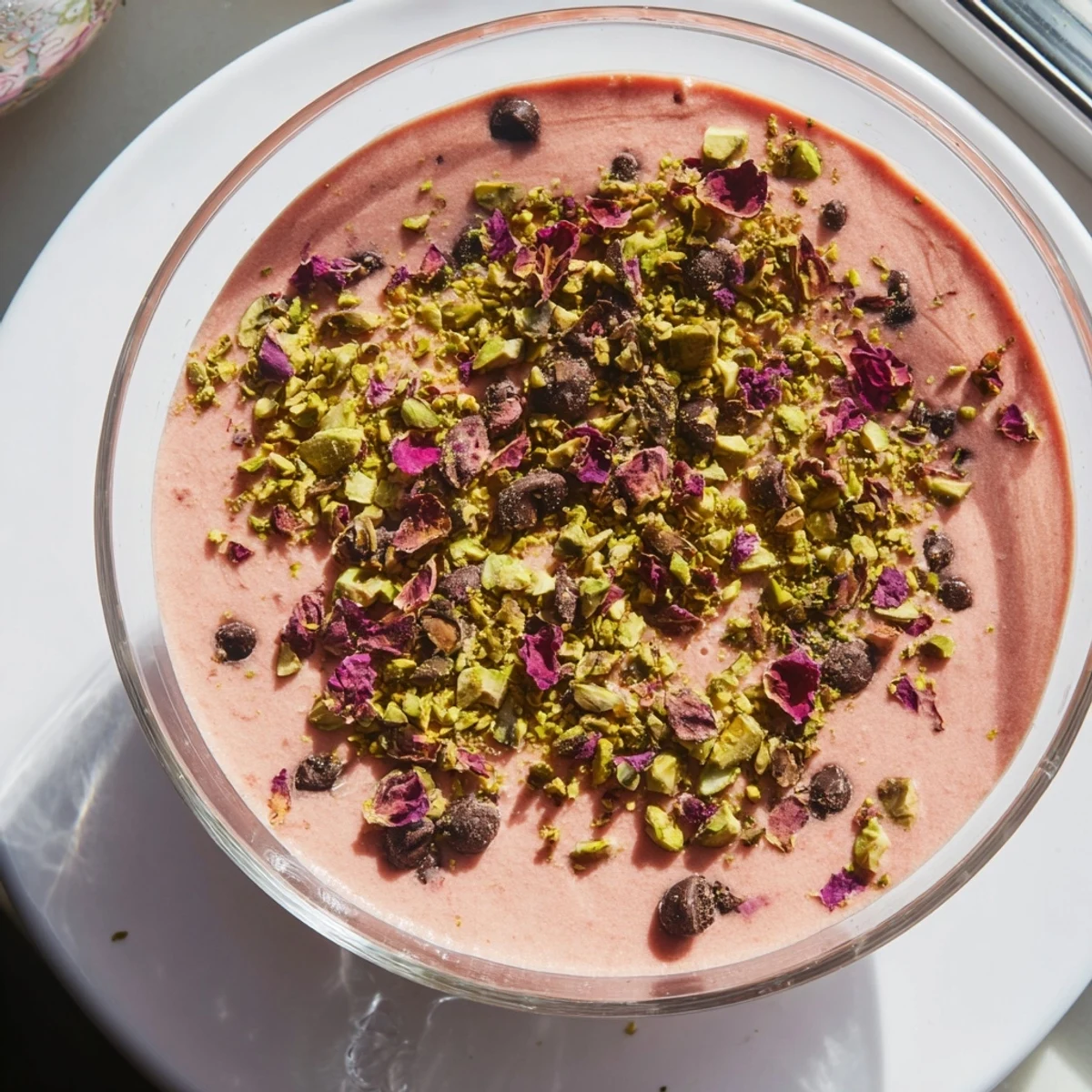 Creamy watermelon Gelo di Melone dessert sprinkled with nuts and rose petals