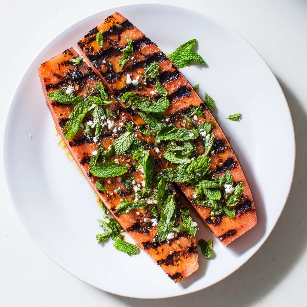 Grilled watermelon steak with caramelized grill marks topped with fresh mint and flaky sea salt