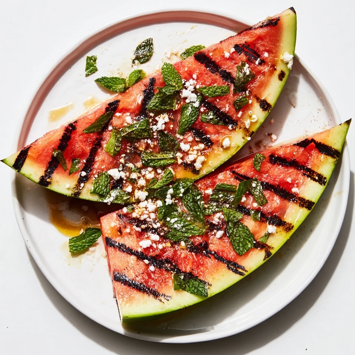 Vegan watermelon steak served on a plate with smoked paprika marinade and chopped mint garnish