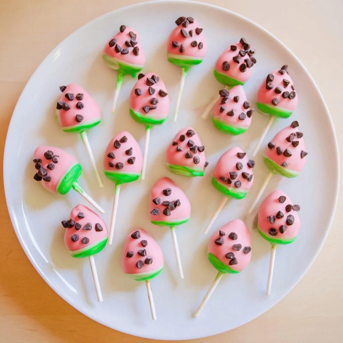 Pink watermelon cake pops decorated with chocolate seeds on green rind edges displayed on white platter