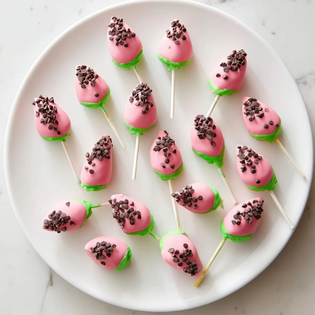 Bite-sized watermelon cake pops on lollipop sticks with mini chocolate chip seeds and candy coating