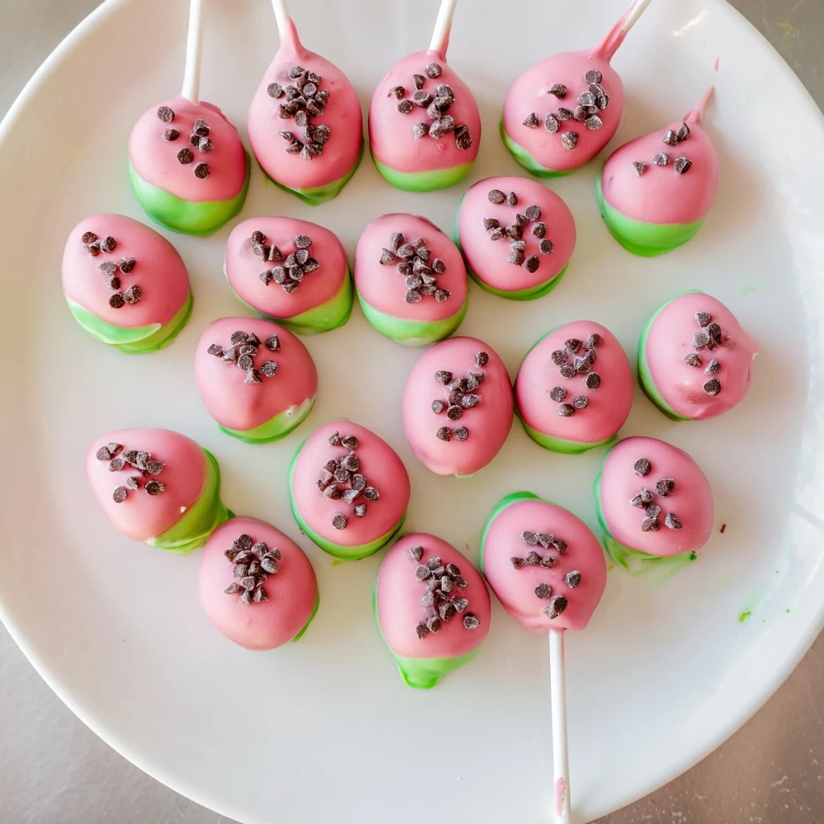 Summer dessert table featuring watermelon cake pops shaped like fruit slices with chocolate chip detailing