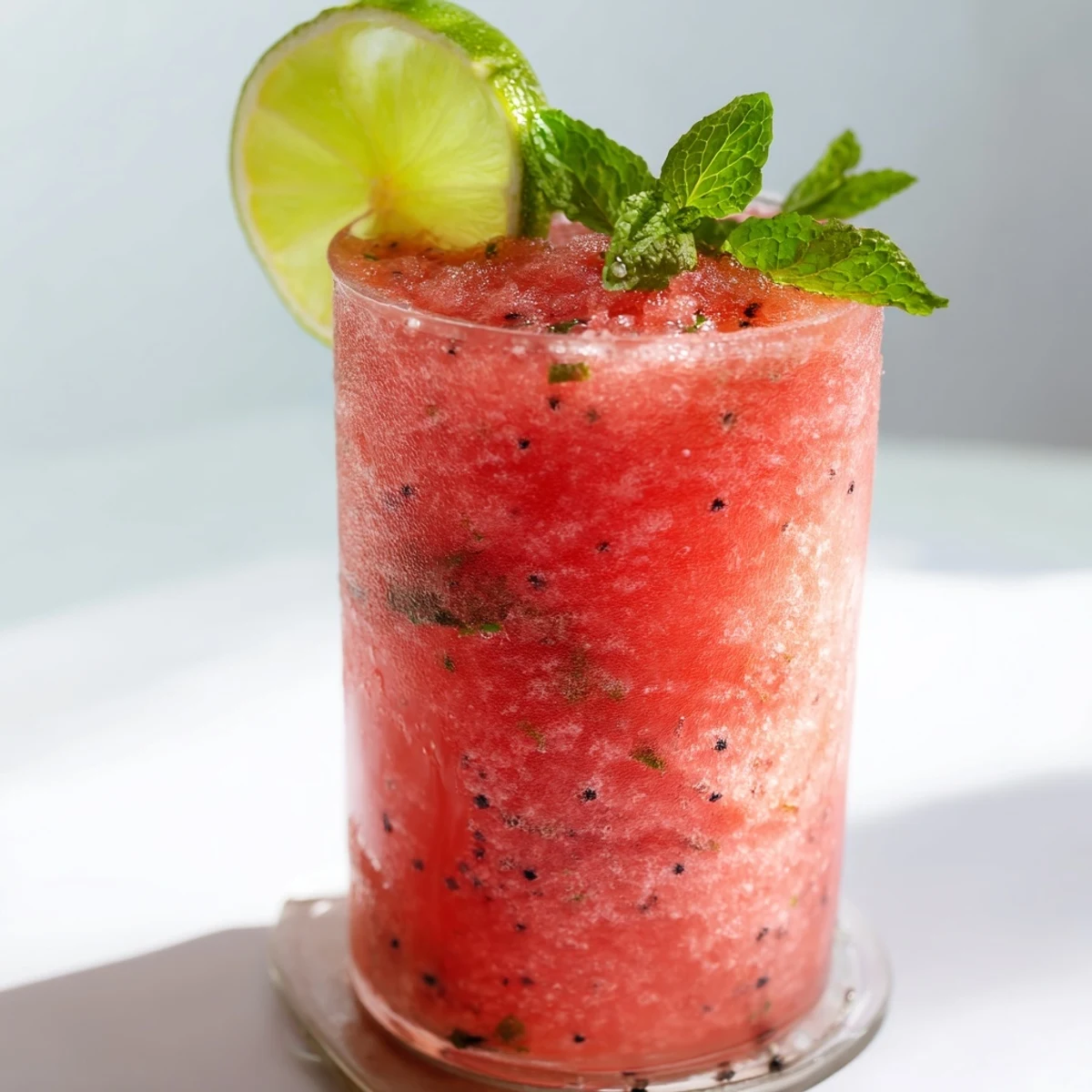 Tropical Coconut Lime Watermelon Slushie served in chilled glasses with fresh mint garnish