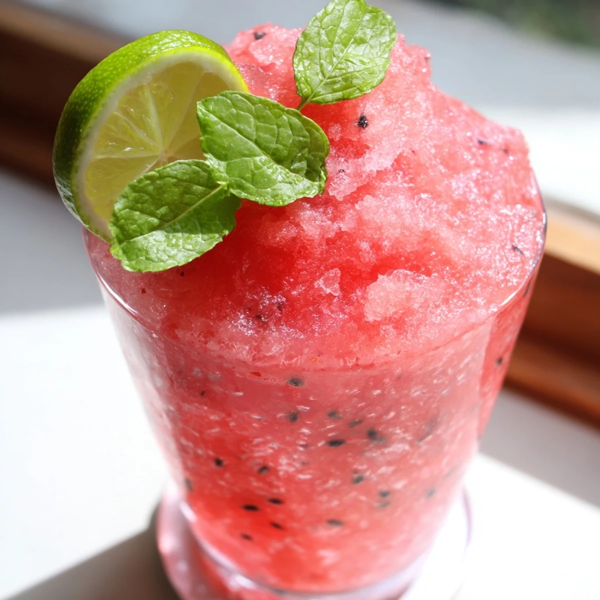 Vegan Coconut Lime Watermelon Slushie featuring smooth pink texture topped with lime wheel garnish