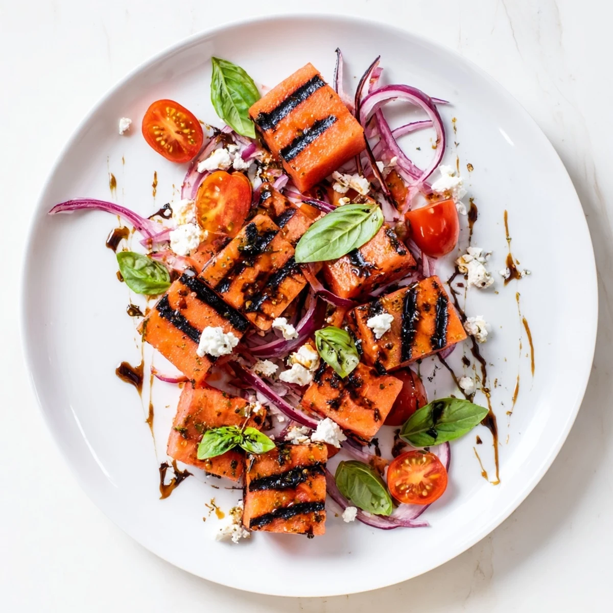 Colorful grilled watermelon feta and basil salad drizzled with balsamic glaze on white serving platter