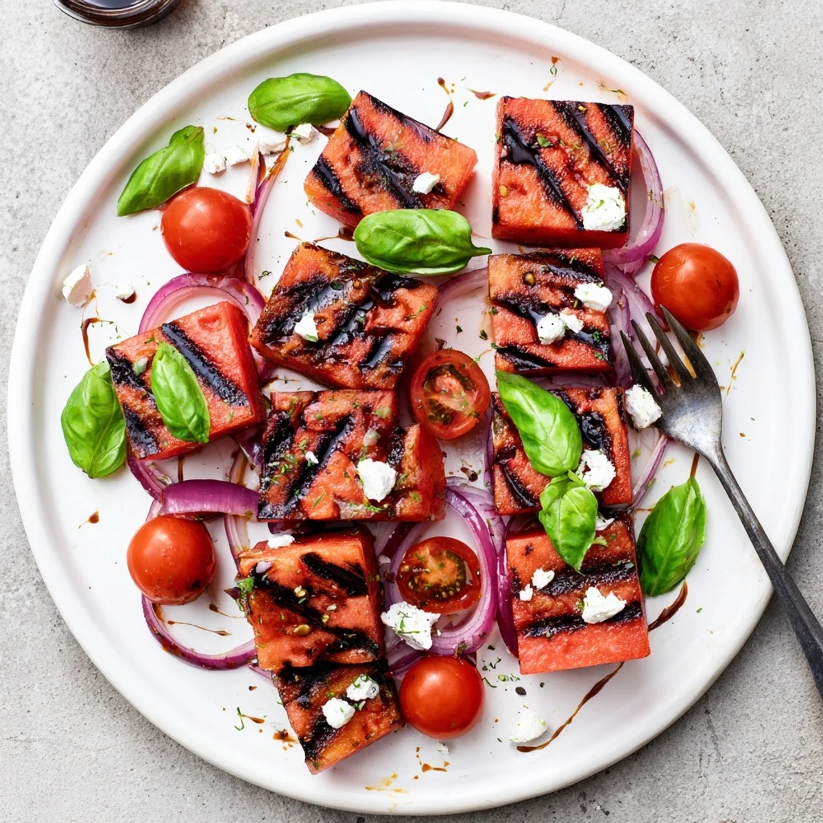 Fresh summer salad bowl with smoky charred watermelon cubes crumbled feta cheese and green basil leaves