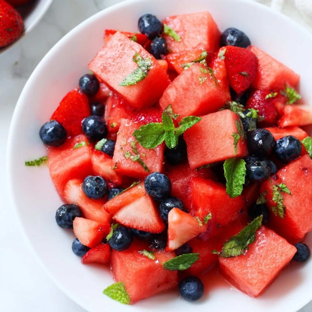Fresh watermelon fruit salad bowl with strawberries, blueberries, mint, and lime zest drizzle