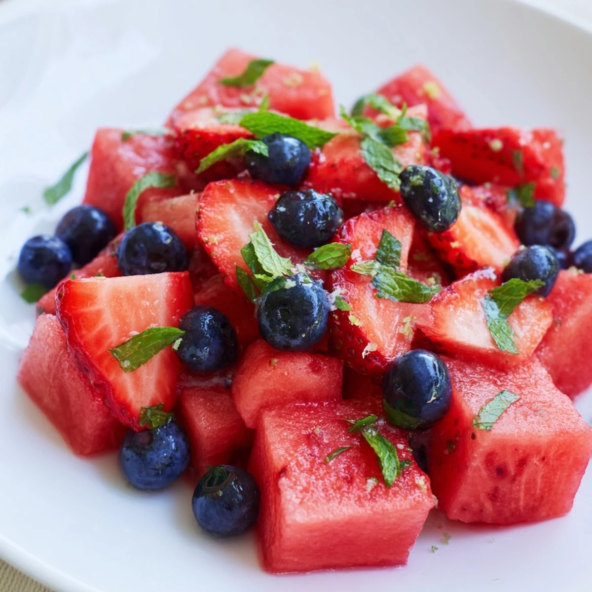 Colorful summer watermelon recipe with mixed berries and fresh mint garnish on white plate