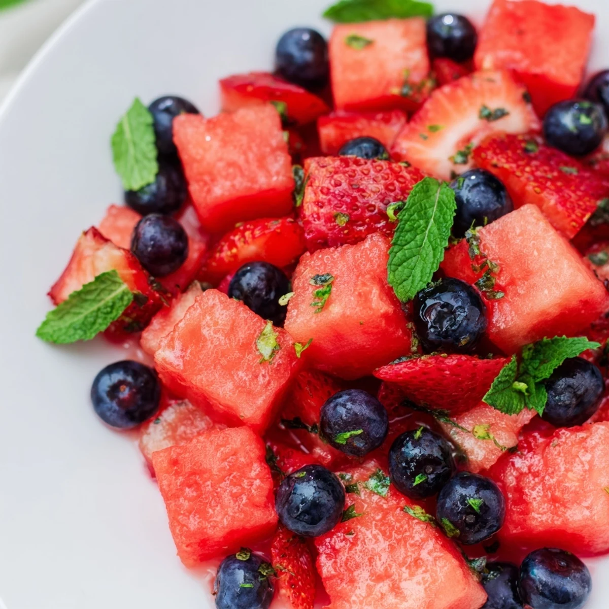 Refreshing watermelon delight featuring cubed melon, citrus dressing, and chopped mint leaves in serving bowl