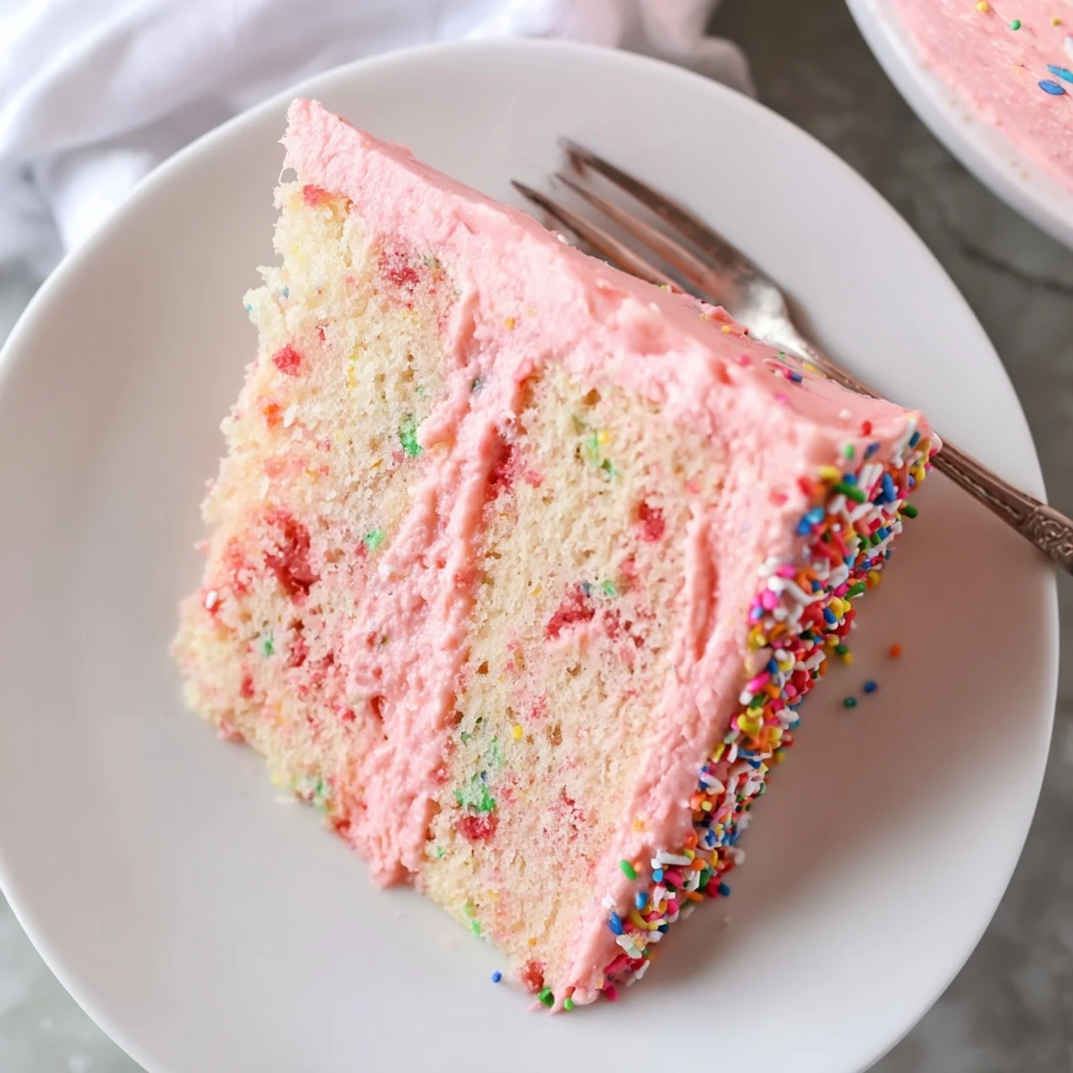 Pink strawberry funfetti cake with rainbow sprinkles peeking through fluffy strawberry buttercream frosting