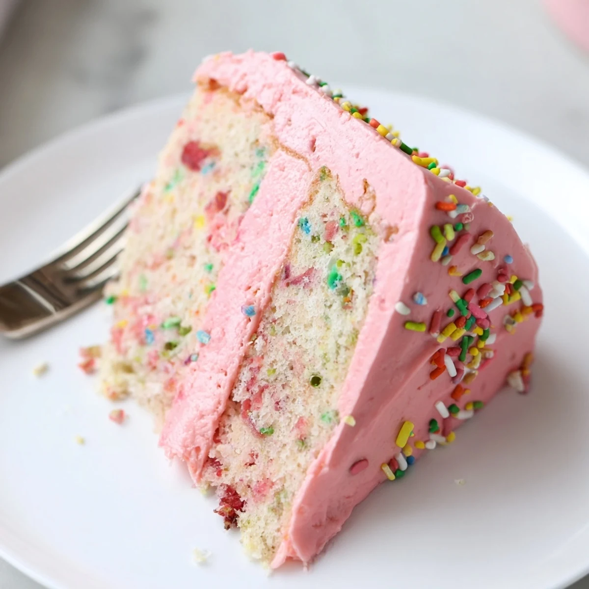Layered strawberry funfetti cake sliced to reveal moist crumb dotted with colorful jimmies and fresh strawberry pieces