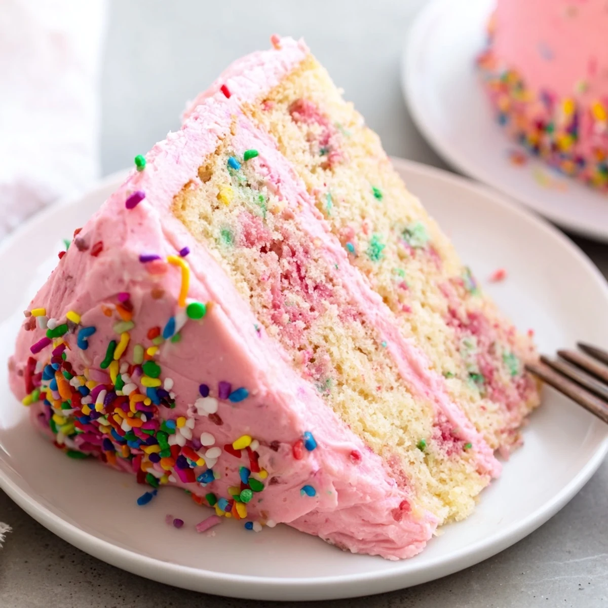 Whimsical strawberry funfetti cake with smooth pink strawberry buttercream and vibrant rainbow sprinkles on a white serving plate