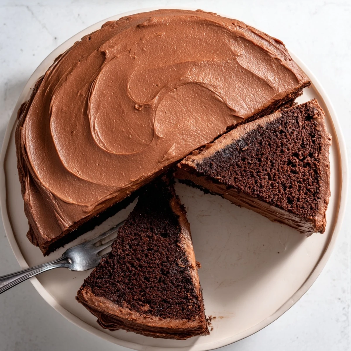 Two-layer Matildas chocolate cake generously frosted, perfect for celebrations and special occasions