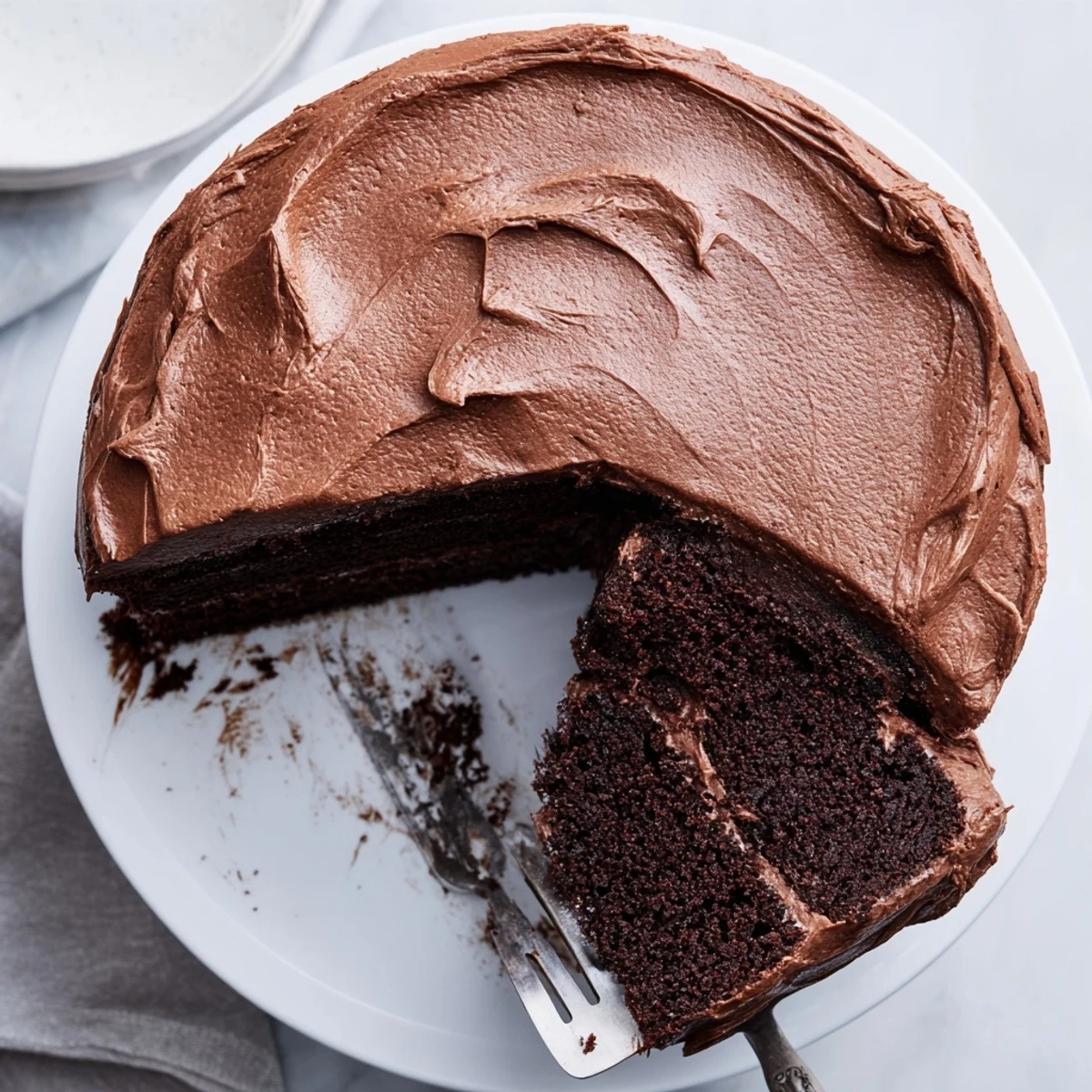 Moist Matildas chocolate cake layered with creamy buttercream frosting, topped with chocolate shavings