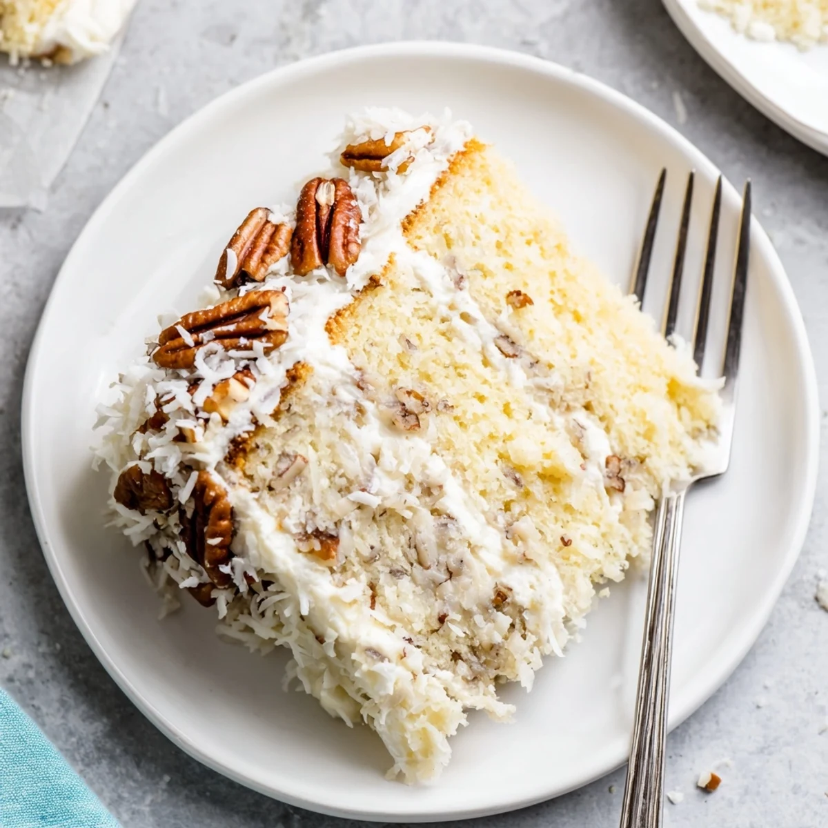Slice of tender Quick Italian Cream Cake revealing layers of coconut and pecans with smooth cream cheese frosting