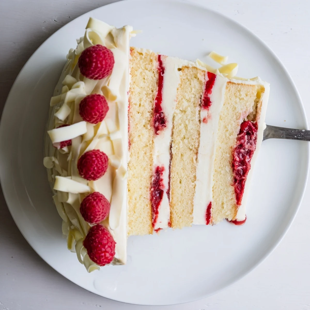 White Chocolate Raspberry Dream Cake slice revealing vibrant raspberry layers between fluffy white chocolate sponge