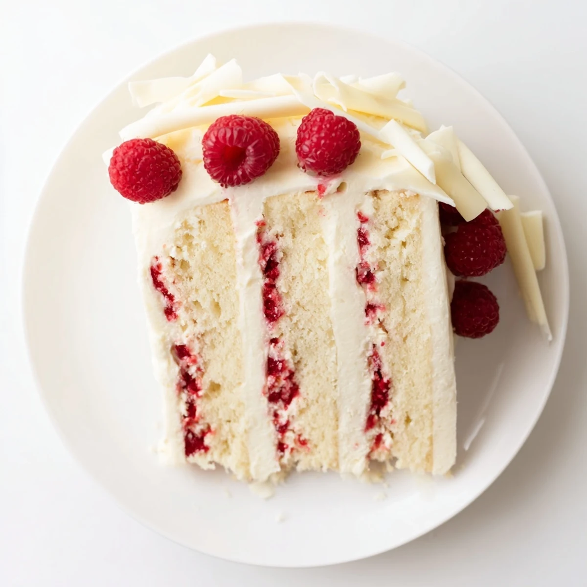Decadent White Chocolate Raspberry Dream Cake plated on white with chocolate curl garnish
