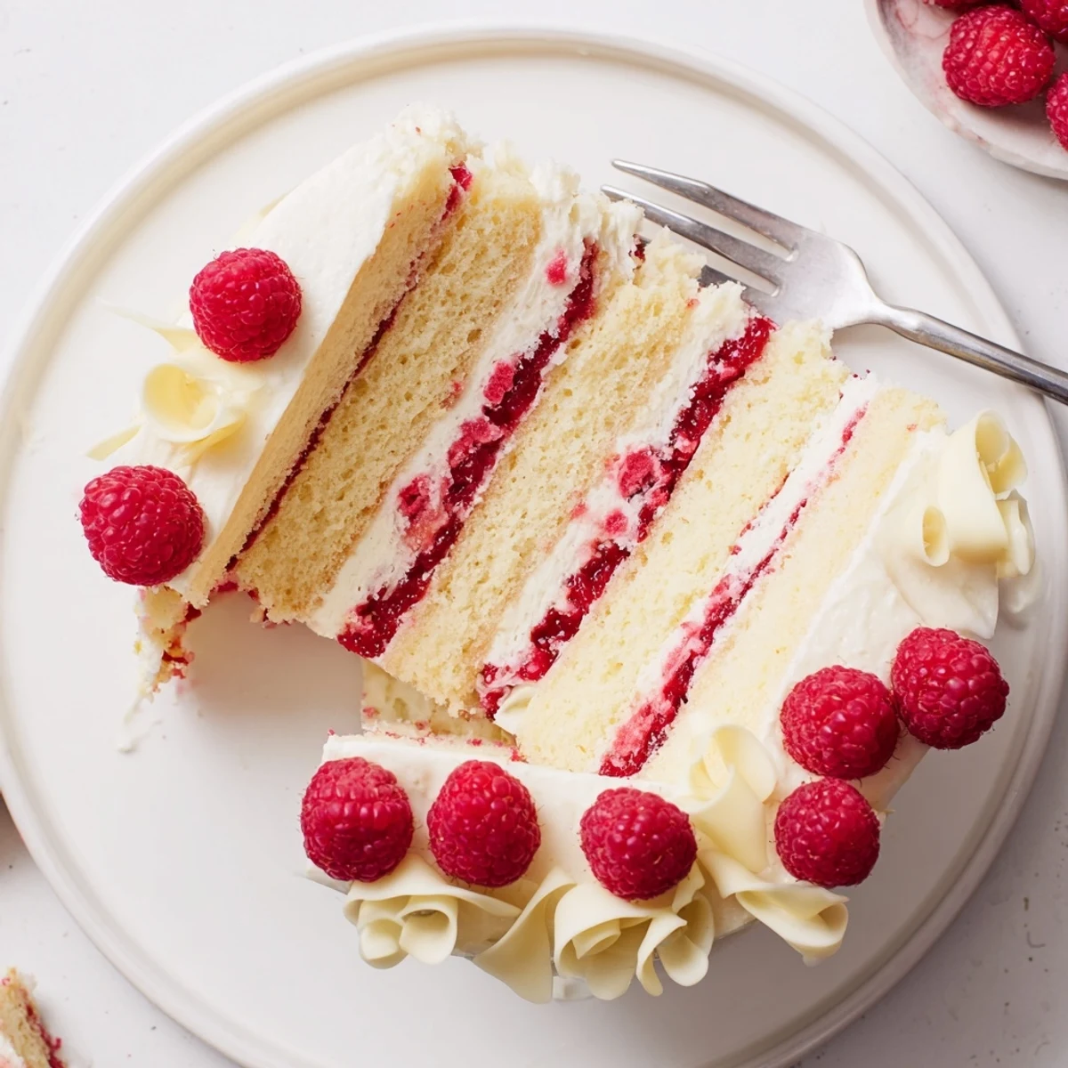 Elegant triple-layer White Chocolate Raspberry Dream Cake topped with fresh berries and creamy frosting