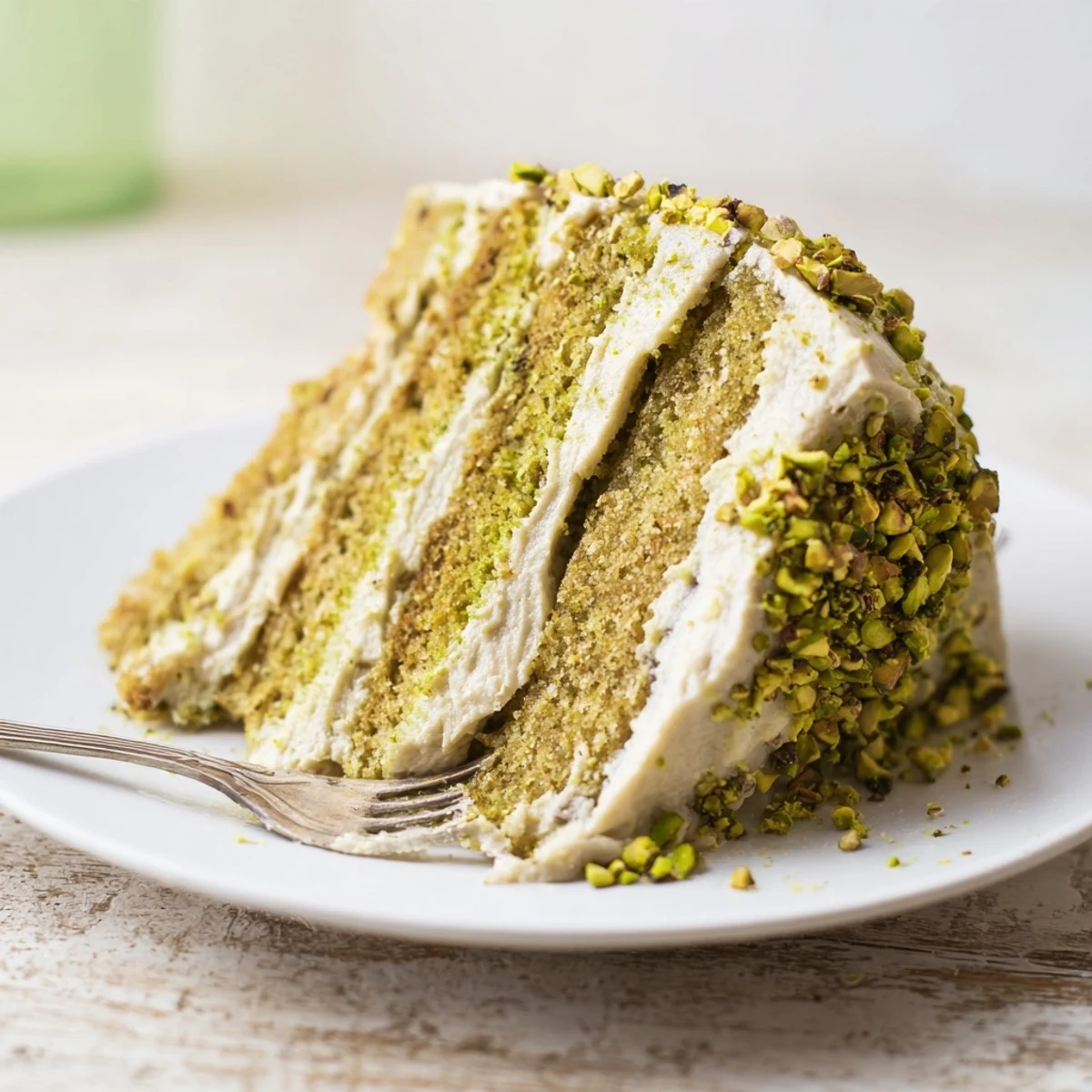 Golden pistachio cake layered with creamy green buttercream and chopped nut garnish