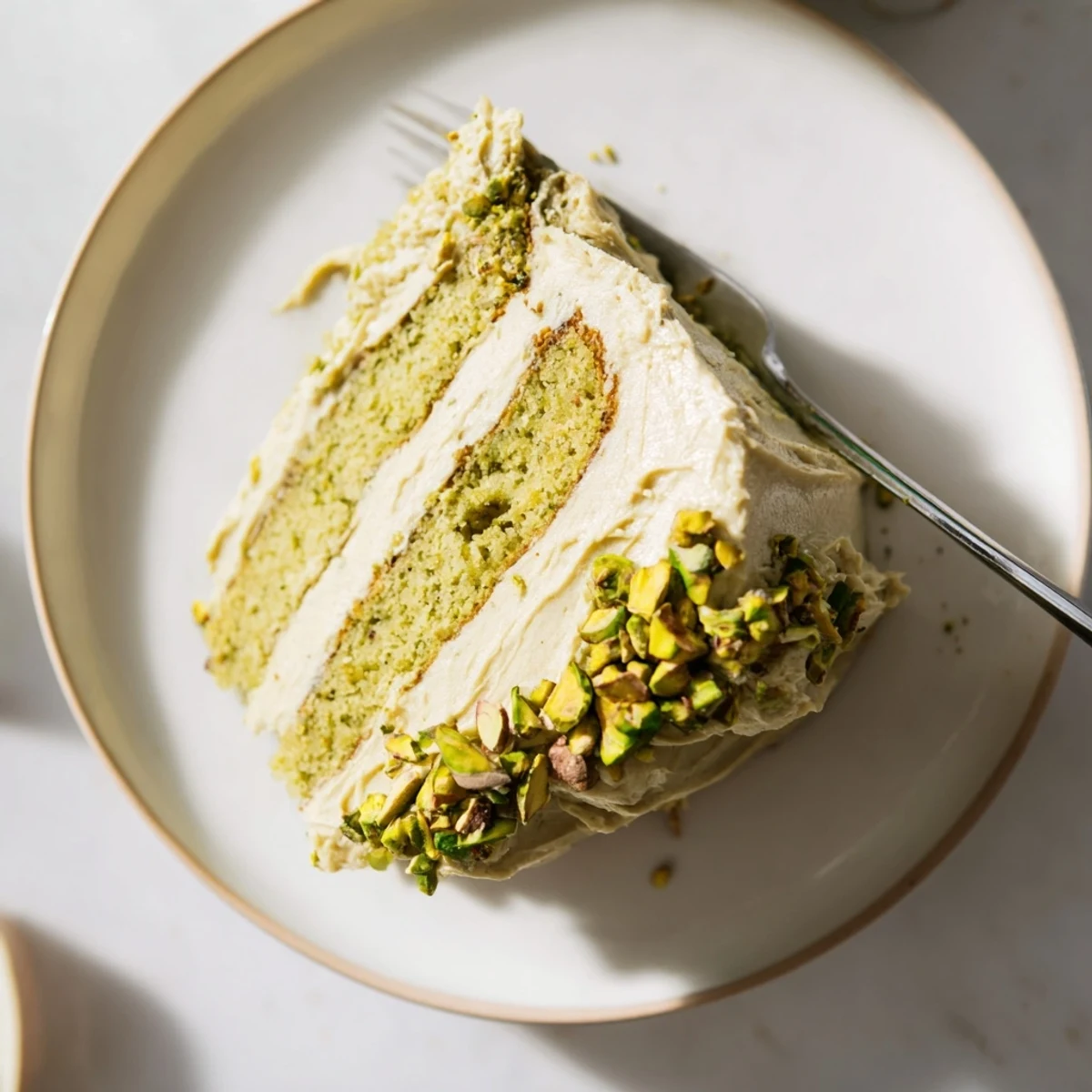 Moist pistachio cake slices revealing tender crumb topped with swirled buttercream frosting