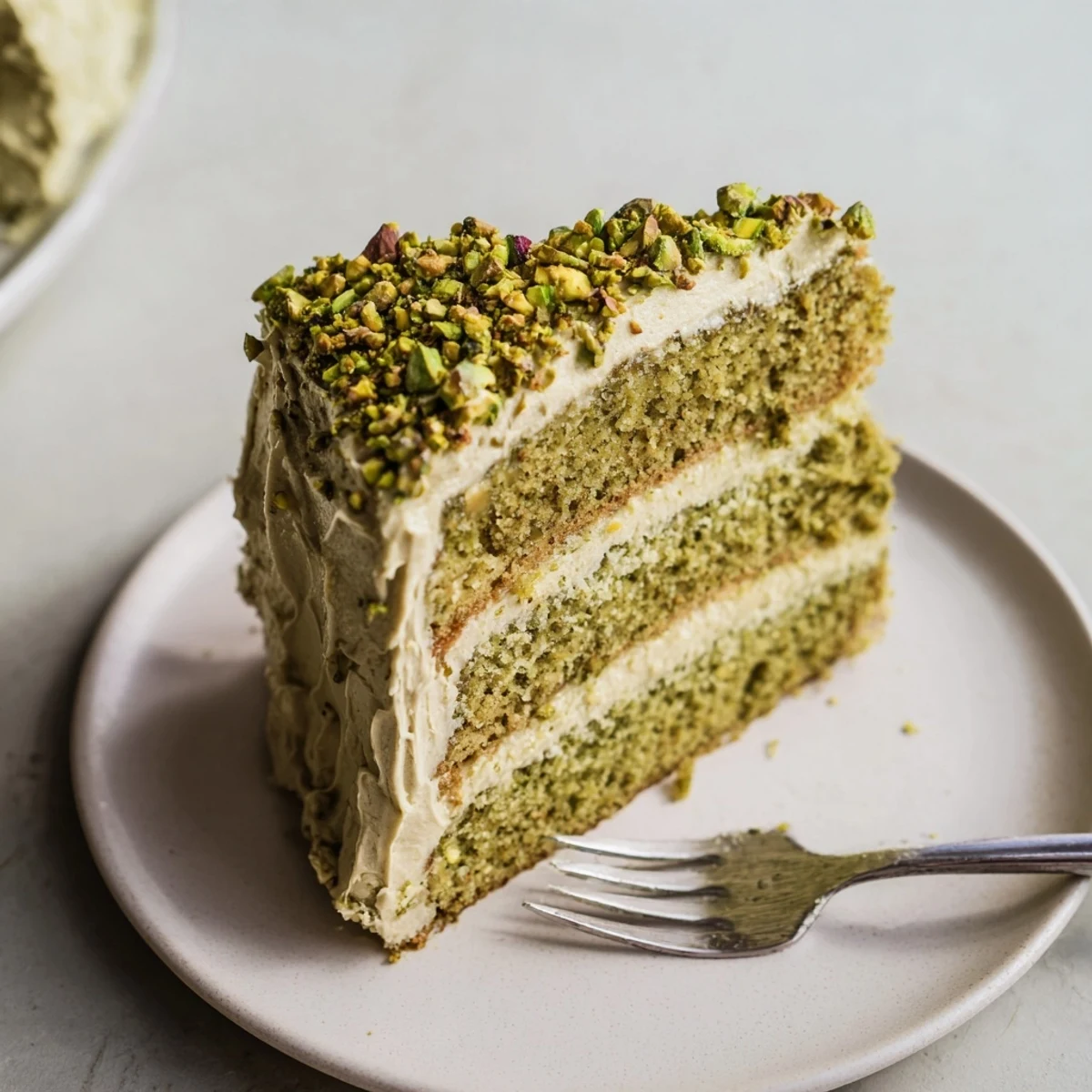 Elegant round cake frosted with silky pistachio buttercream and sprinkled with crushed nuts