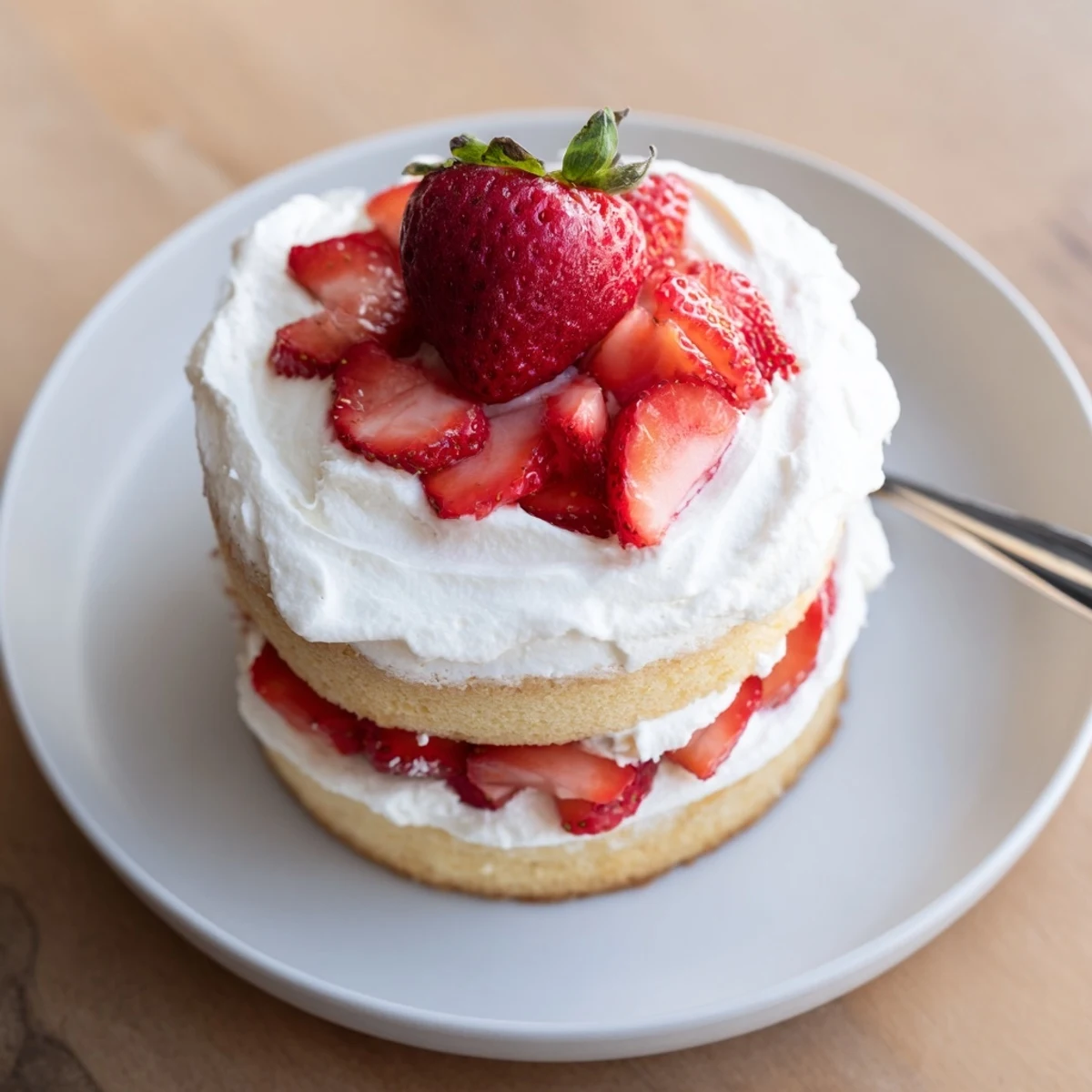 Fresh strawberry shortcake cake slice revealing vanilla sponge and juicy red berries