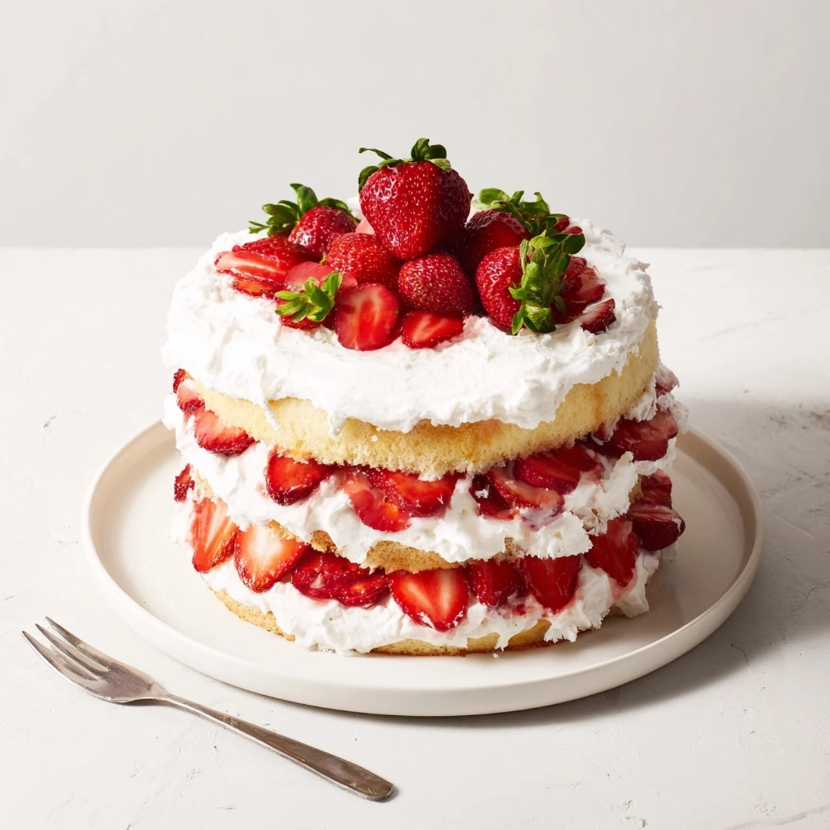 Golden layer cake stacked with sweet strawberries and fluffy whipped cream topping