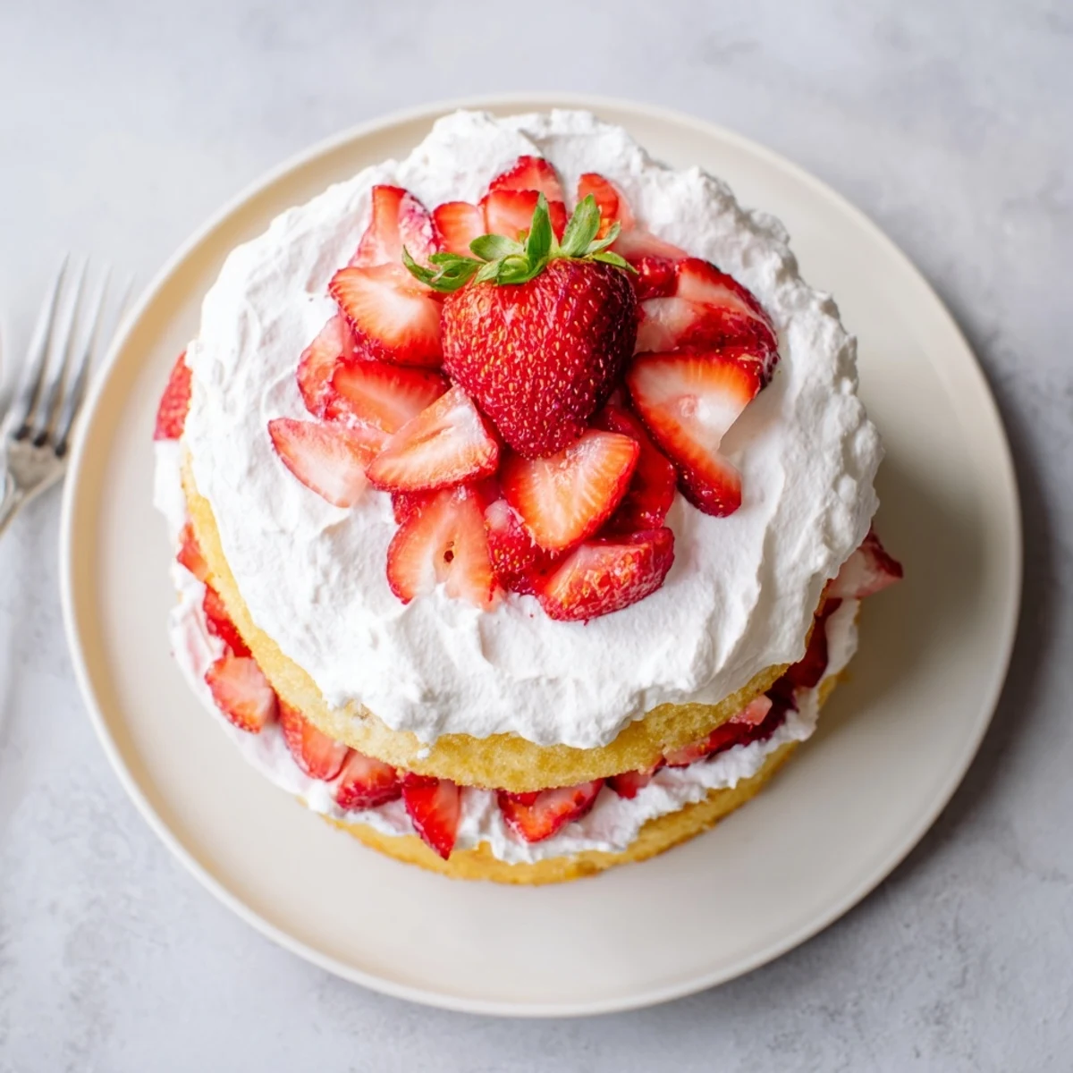 White frosted strawberry shortcake cake plated with whole strawberry garnish and cream