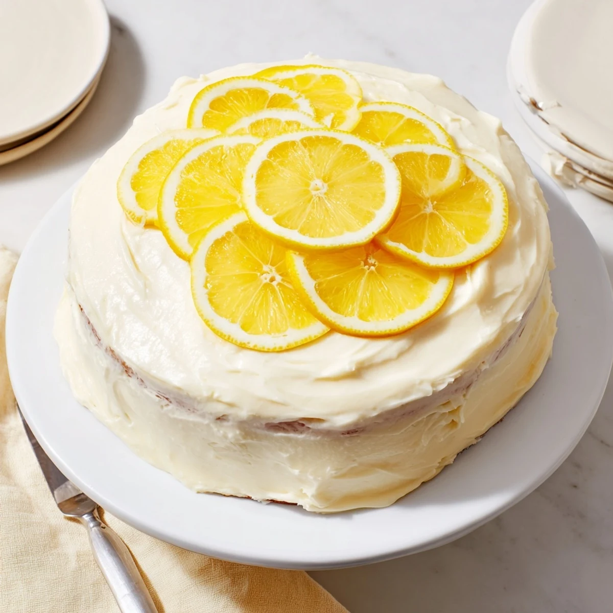 Two-layer lemon birthday cake slices on a white plate with tangy cream cheese frosting