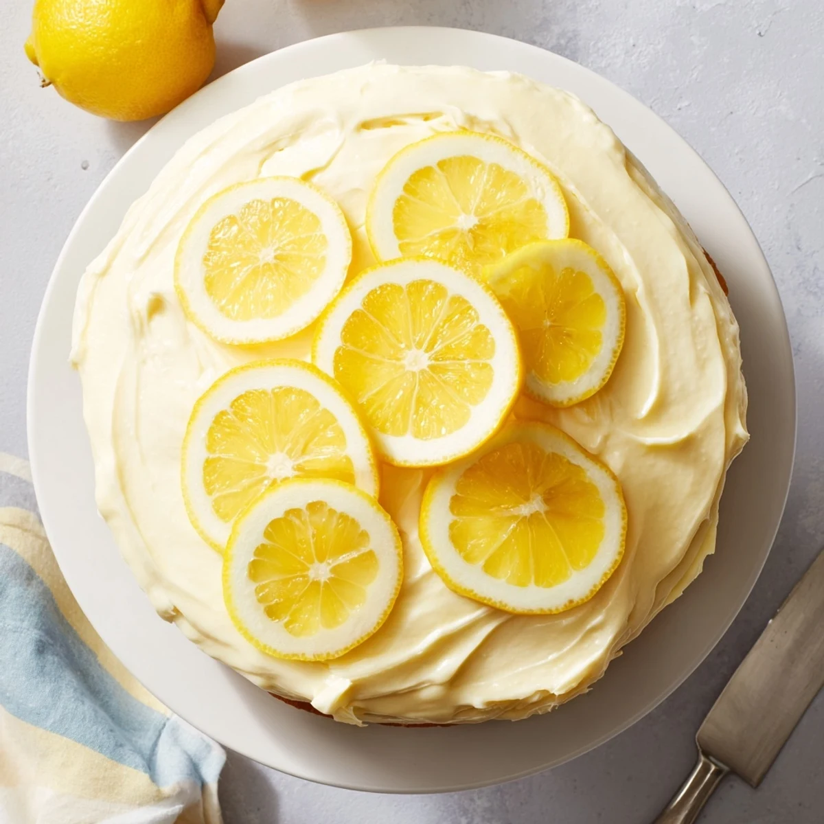 Golden lemon birthday cake with fluffy white frosting and fresh lemon slices on top
