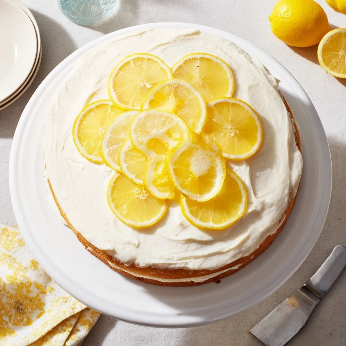 Festive lemon birthday cake with smooth lemon frosting and sprinkled lemon zest garnish