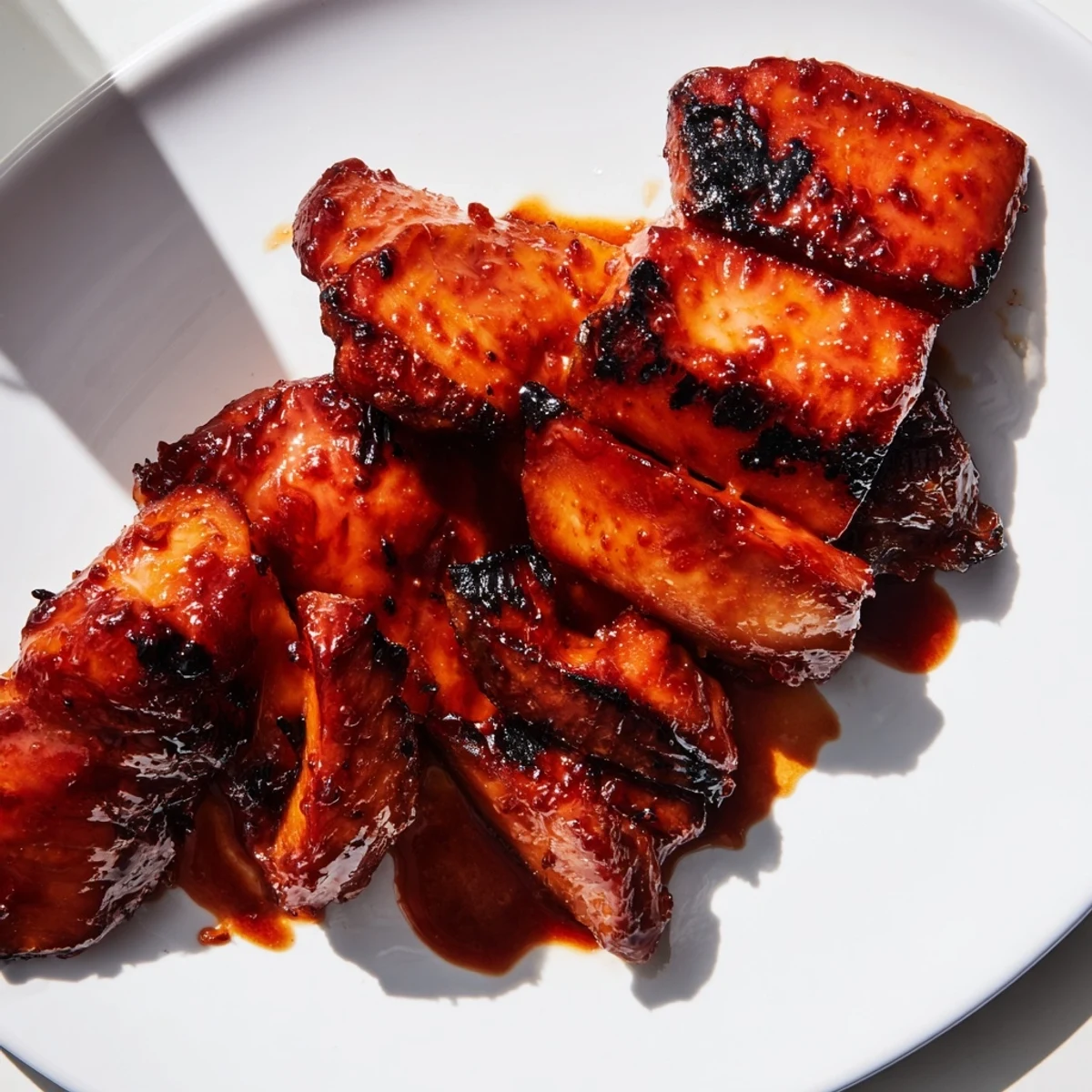 Perfectly grilled Char Siu chicken pieces displaying rich caramelized edges and savory glaze