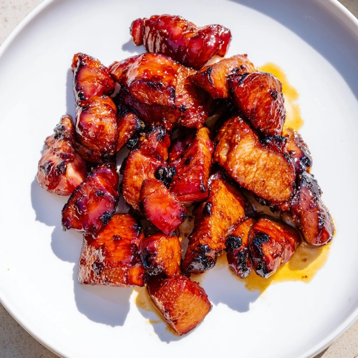 Sliced Cantonese barbecue chicken arranged on platter with shiny red marinade coating