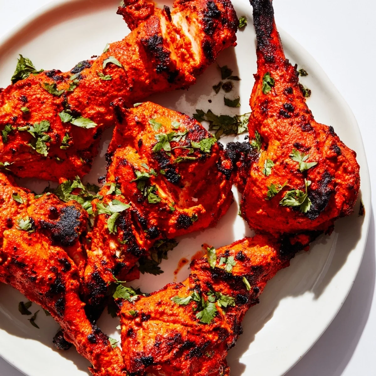 Golden Tandoori Chicken pieces with charred edges garnished with fresh cilantro and lemon wedges
