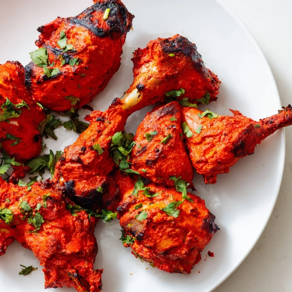 Succulent spiced Tandoori Chicken arranged beautifully with sliced red onions and herbs