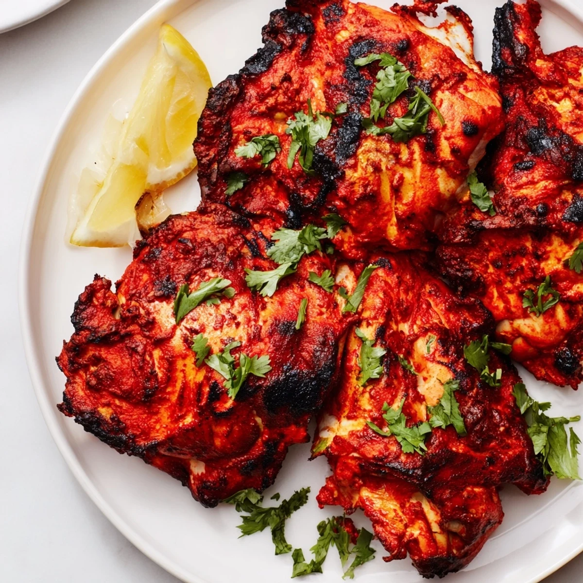 Succulent tandoori chicken thighs with charred edges and vibrant red spice coating