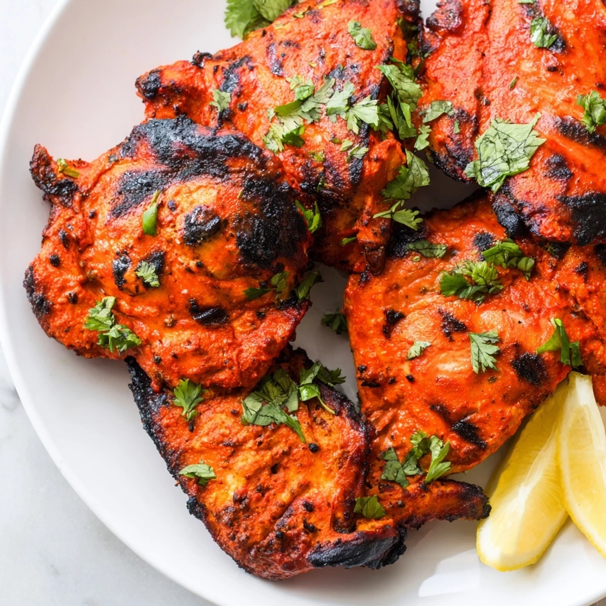 Tandoori chicken recipe served with fresh cilantro garnish and lemon wedges