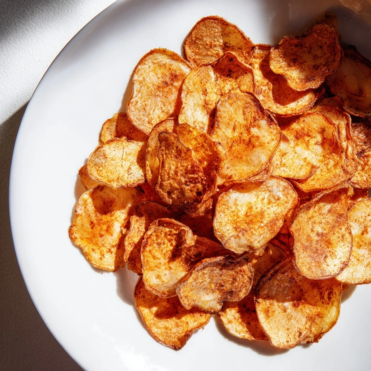 Golden brown air fryer radish chips arranged on a white serving plate with a light dusting of sea salt and black pepper