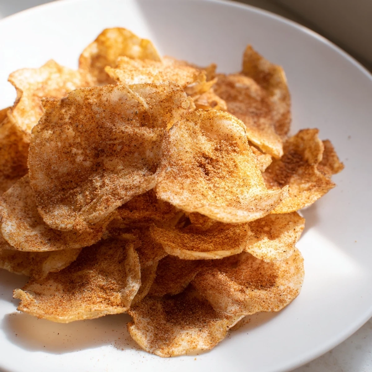 Close-up of perfectly crunchy air fryer radish chips showing their golden edges and translucent texture against a dark background