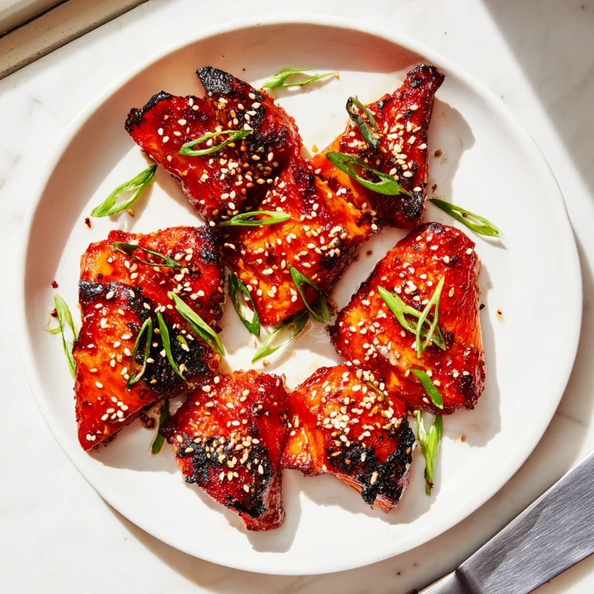 Golden glazed Authentic Char Siu Chicken pieces with caramelized edges on a white serving platter
