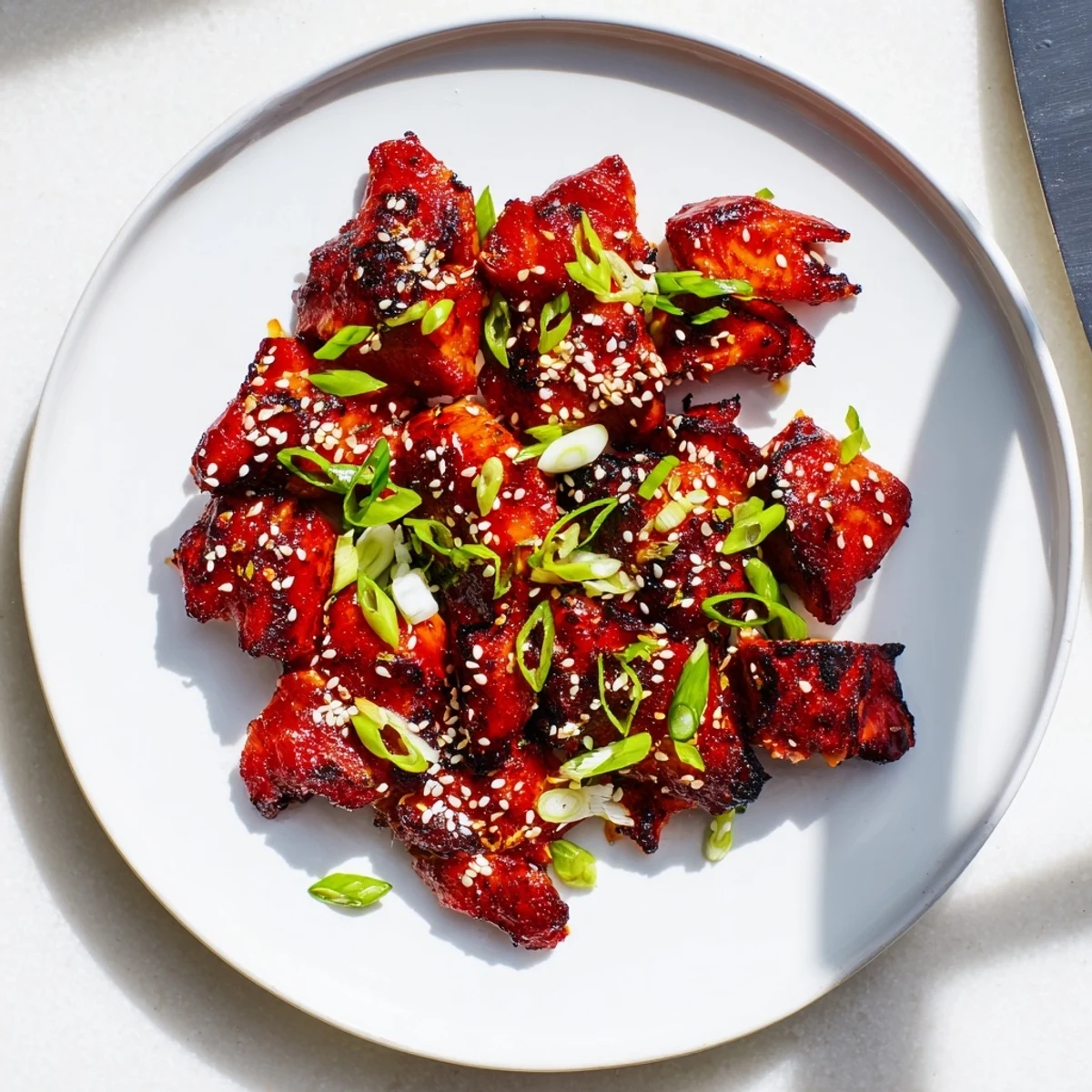 Juicy marinated Authentic Char Siu Chicken sliced into strips revealing tender pink meat and shiny glaze